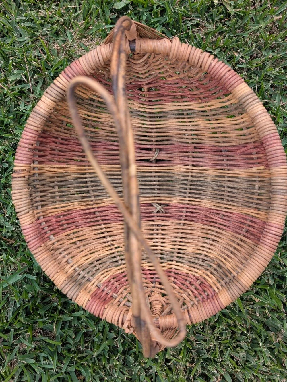 Large Vintage Handwoven Multicolored Natural‎ Woven Rattan Basket with Handle